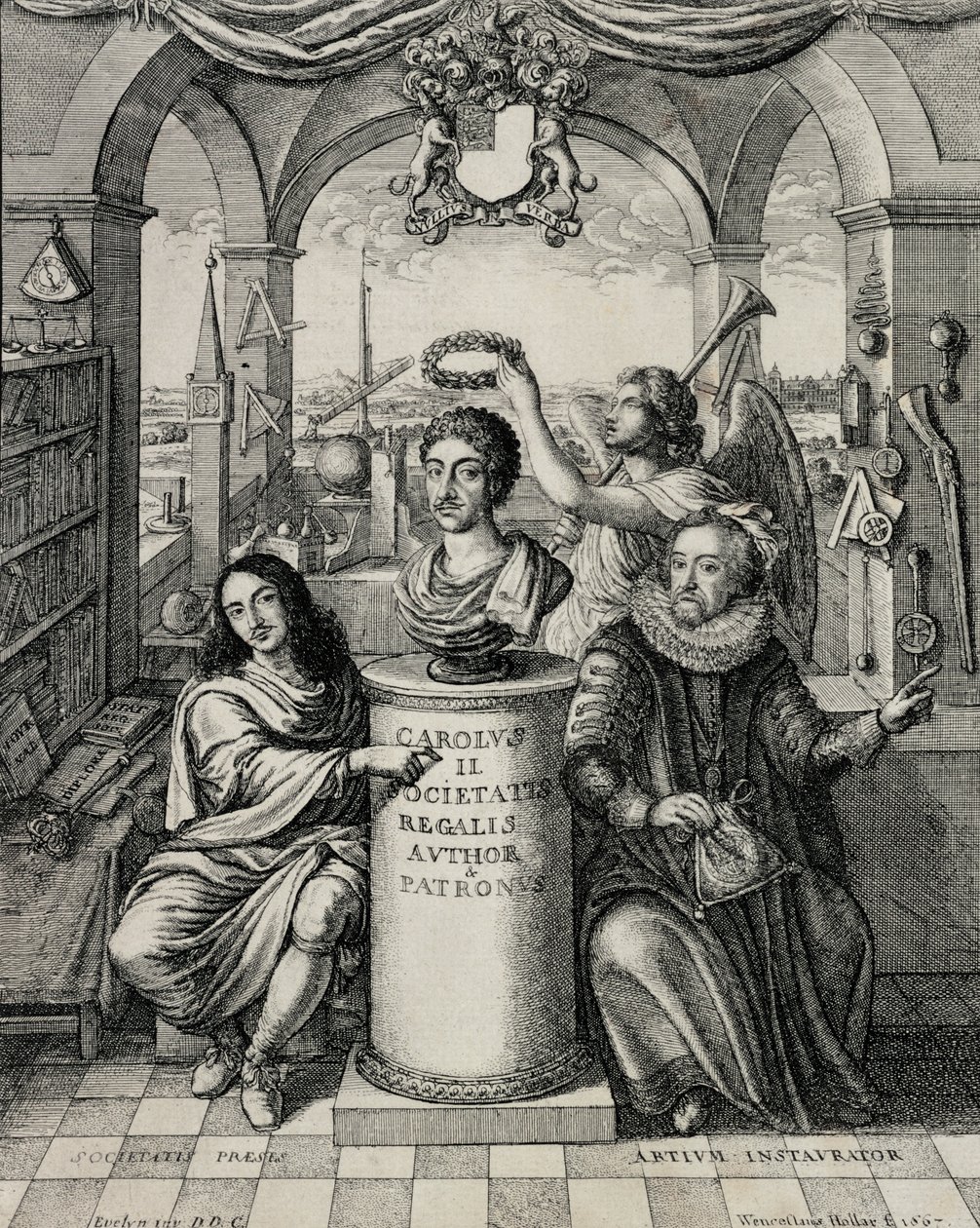 Karel II (1630-85) als Beschermer van de Koninklijke Maatschappij, gegraveerd door Wenceslaus Hollar, 1667 door John Evelyn