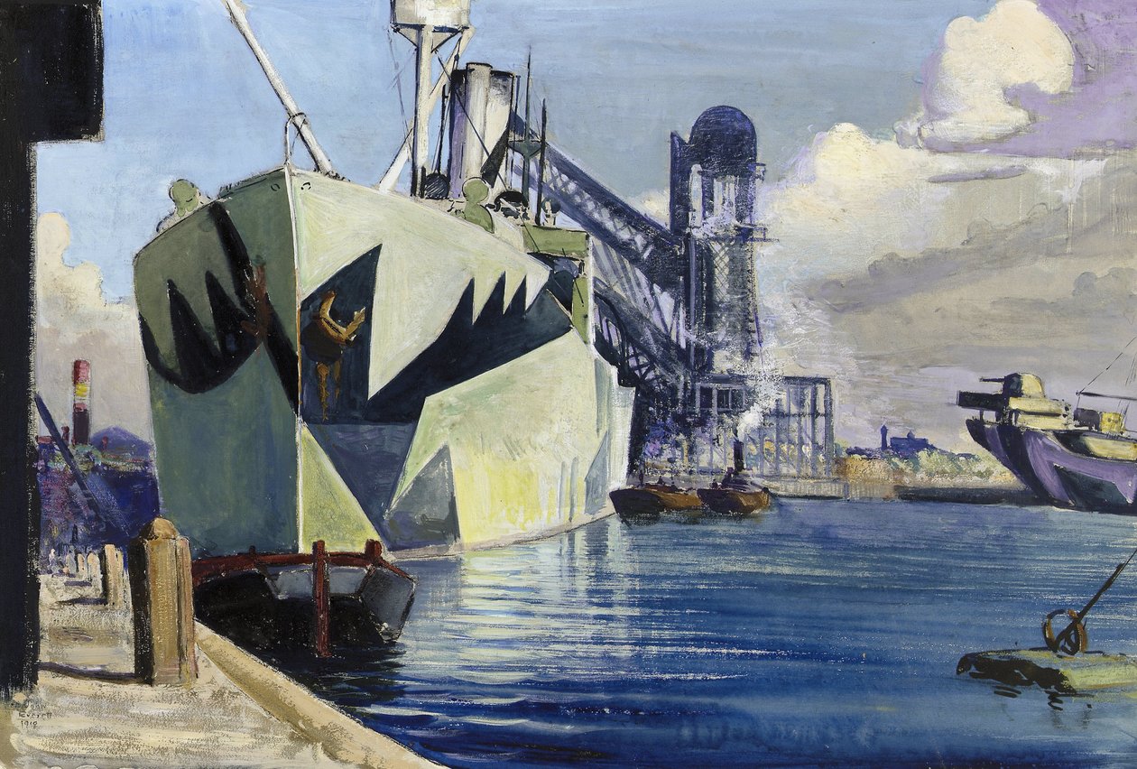 Dock Canada in Liverpool, met een verankerd oorlogsschip, geschilderd met kleurrijke camouflage door John Everett