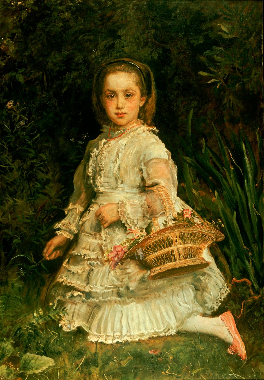Portret van Gracia, in een witte jurk, wilde bloemen plukkend door John Everett Millais