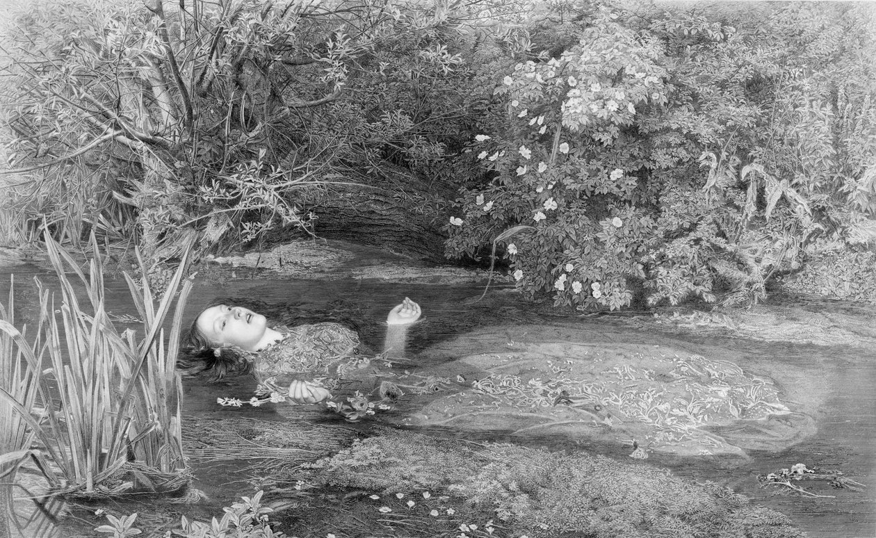 Ophelia, gegraveerd door Alfred Smith (1810-fl.1870s) uitgegeven door Henry Graves & Co., 1864 door John Everett after Millais