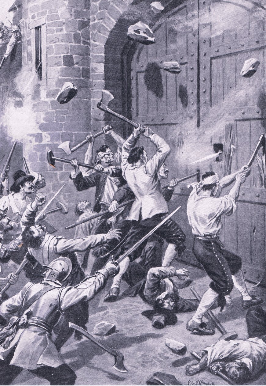 De plundering van Dundee 1 september 1651: Engelse zeelieden vallen de Wellgate Port aan, illustratie uit 