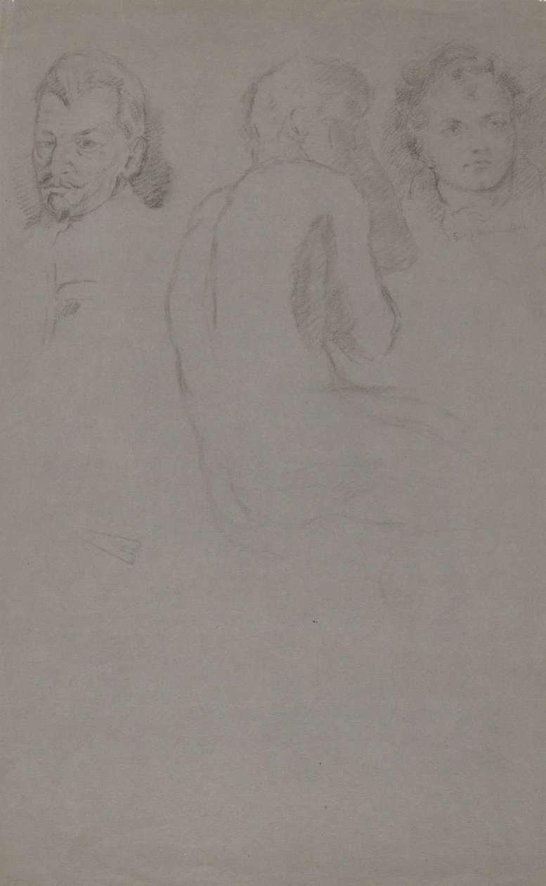Twee Portretstudies en Eén Mannelijk Naakt, Zittend door John Ferguson Weir