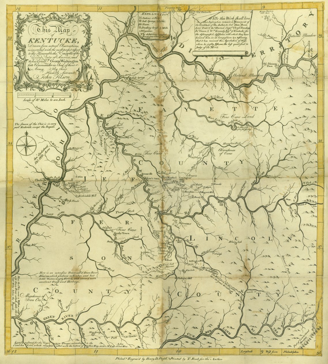 Kaart van Kentucke..., gegraveerd door Henry D. Pursell, gedrukt door T. Rook, Philadelphia, 1784 door John Filson