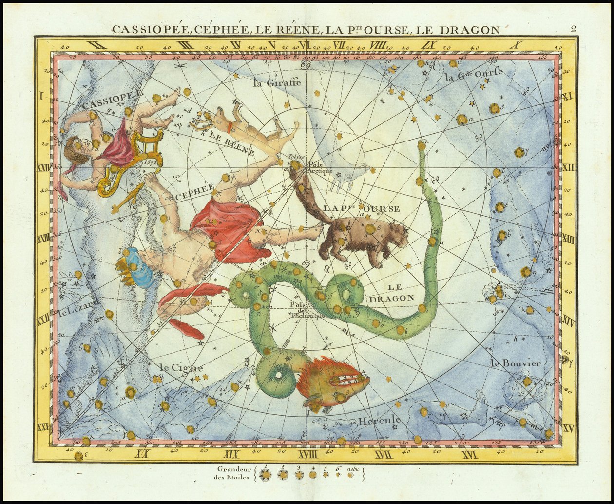 1776 - John Flamsteed - Cassiopee, Cehee, Le Renne, La Pt.Ourse, Le Dragon (Cassiopea, Cepheus, Ursa Minor  Draco) door John Flamsteed