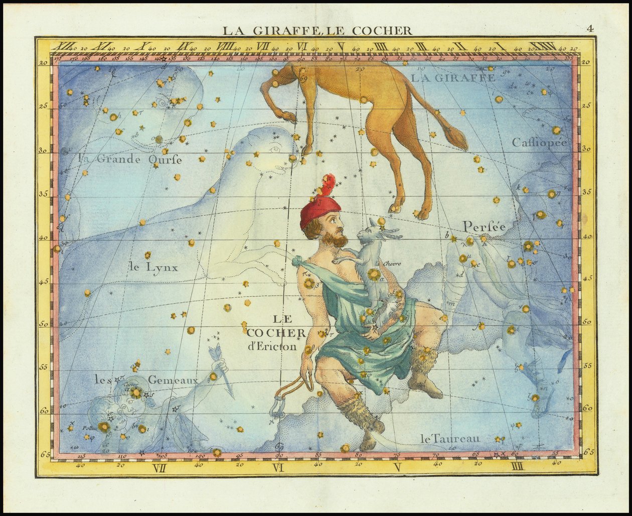 1776 sterrenkaart van de sterrenbeelden Camelopardal  Auriga en naburige sterrenbeelden, uit Fortin