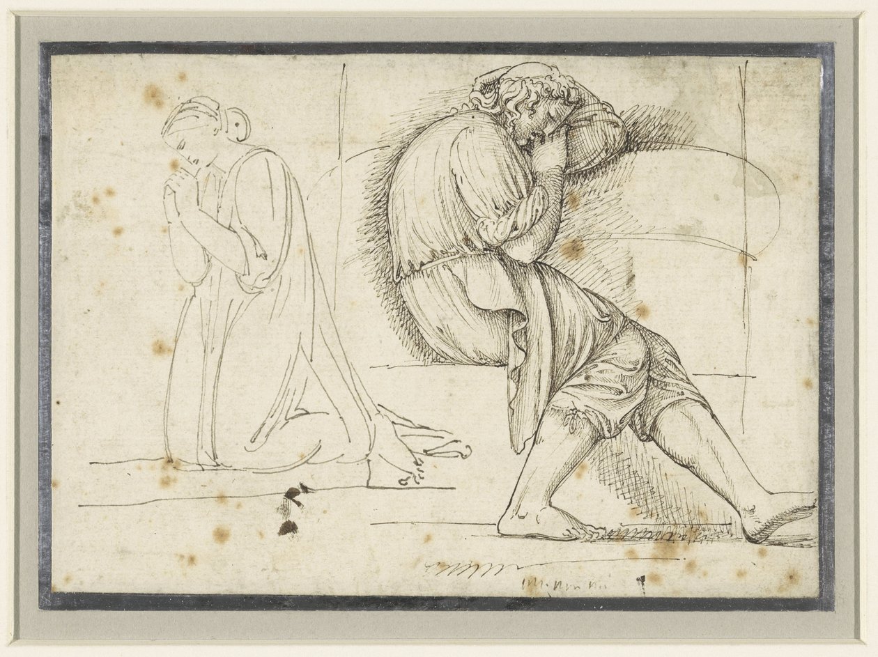 Studieblad met een slapende jongeman en een geknield biddende vrouw door John Flaxman (II)