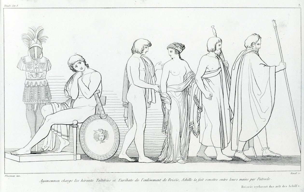Agamemnon gaf de herauten Taltibius en Euribat de opdracht Briseis te ontvoeren; Achilles liet het door Patrocles aan hen overhandigen. Tekening door John Flaxman. Homeros