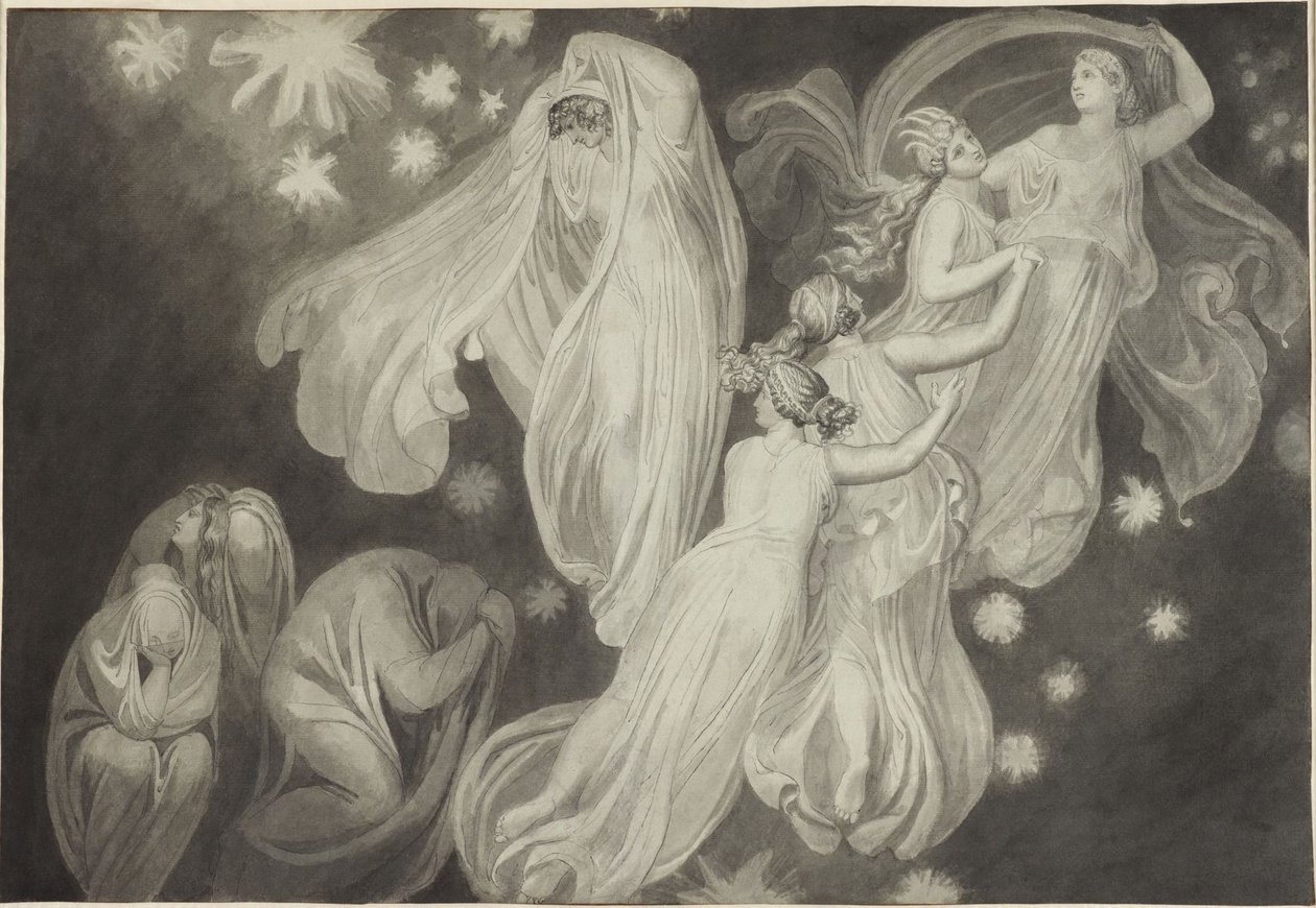 Engelen begeleiden een ziel naar de hemel door John Flaxman