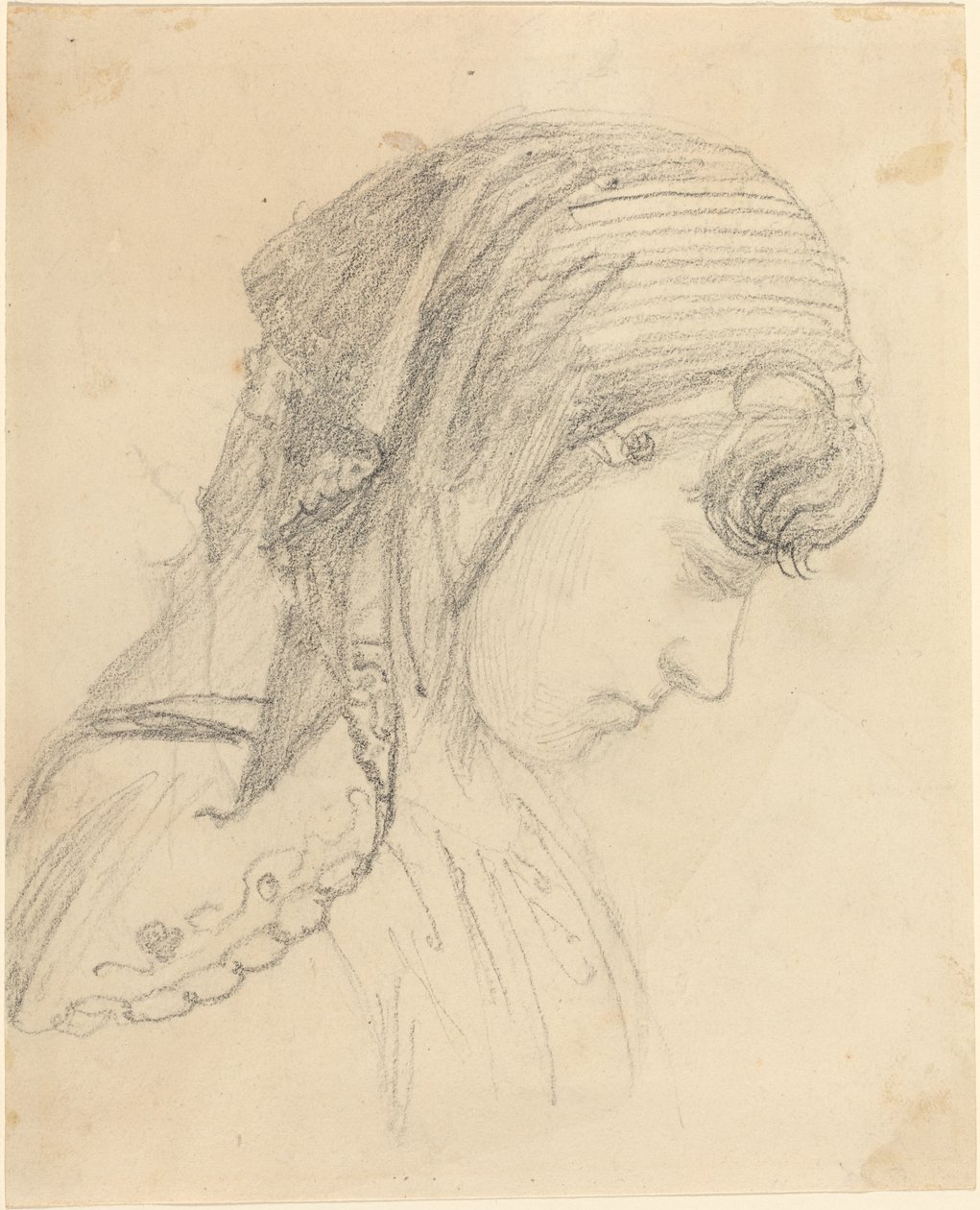 Hoofd van een vrouw in een sjaal, naar beneden kijkend door John Flaxman