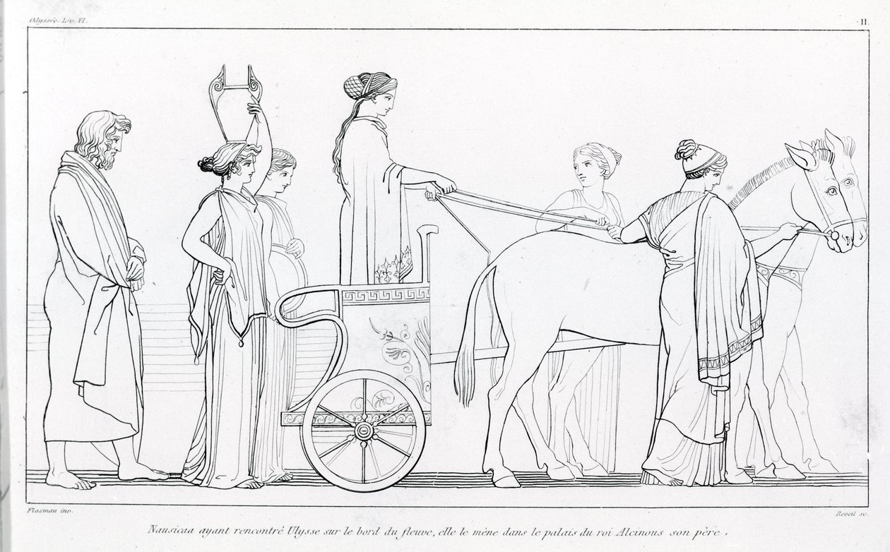 Nausicaa, die net Ulysses heeft ontmoet, brengt hem terug naar het paleis van haar vader, Koning Alkinoos. Tekening door John Flaxman (1755 - 1826). Homer