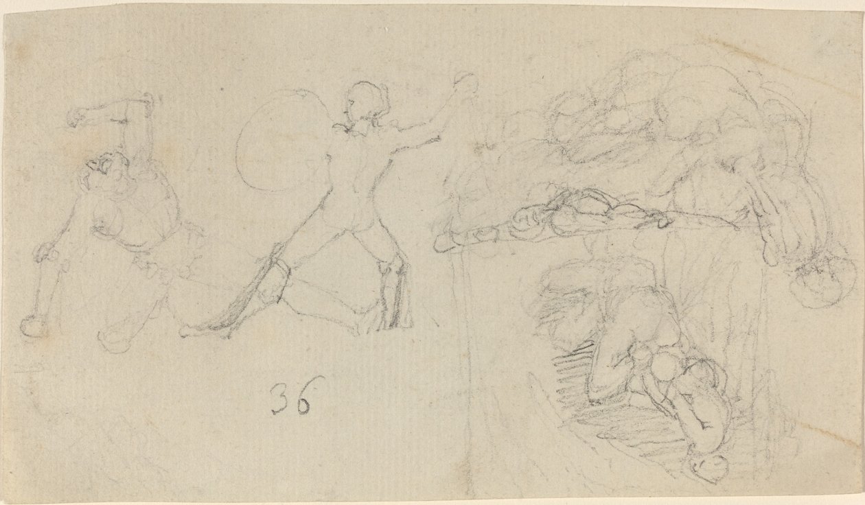 Blad met schetsen, waaronder twee krijgers die vechten door John Flaxman