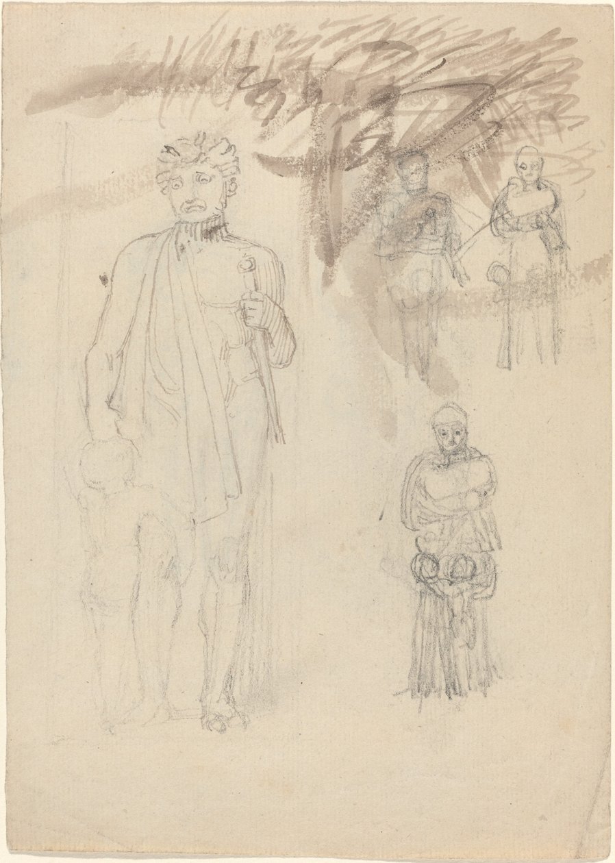 Blad met Studies, inclusief Krijger met Kind (recto en verso) door John Flaxman