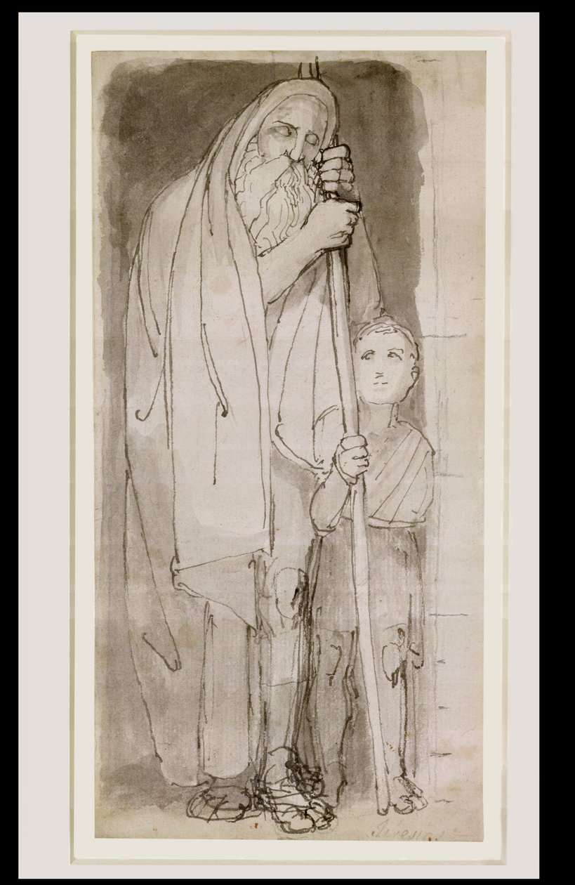 De blinde Tiresias en een jongen (pen  inkt en was over potlood op papier) door John Flaxman