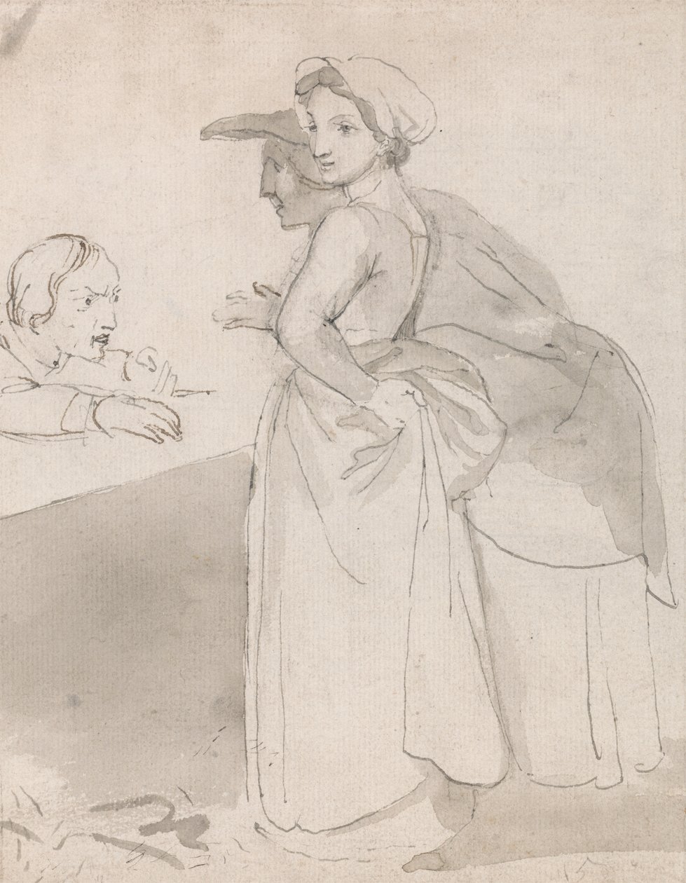 Twee vrouwen praten met een man aan een toonbank door John Flaxman