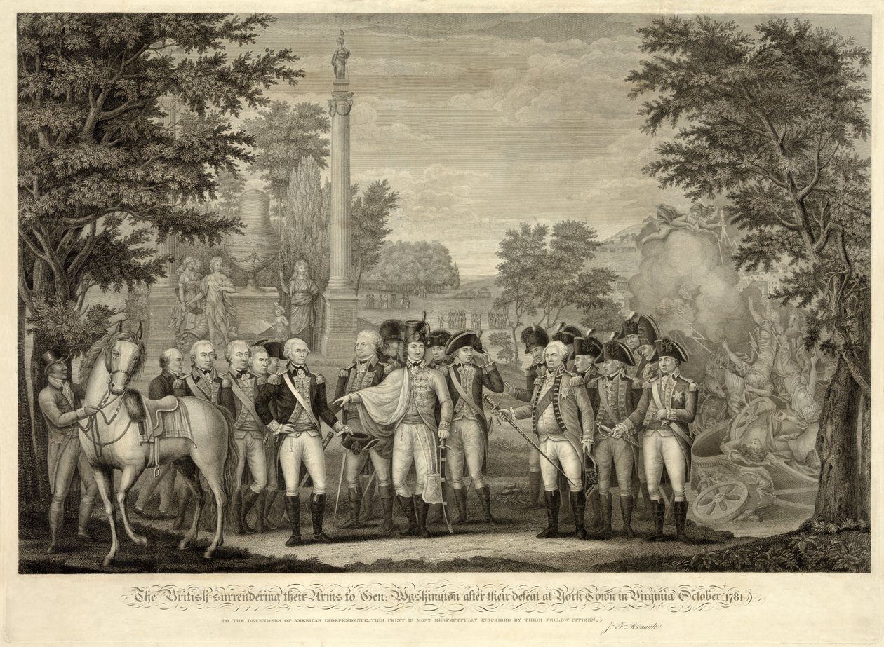 De Britten geven hun wapens over aan generaal Washington na hun nederlaag bij York Town in Virginia oktober 1781, uitgegeven 1819 (gravure) door John Francis (after) Renault