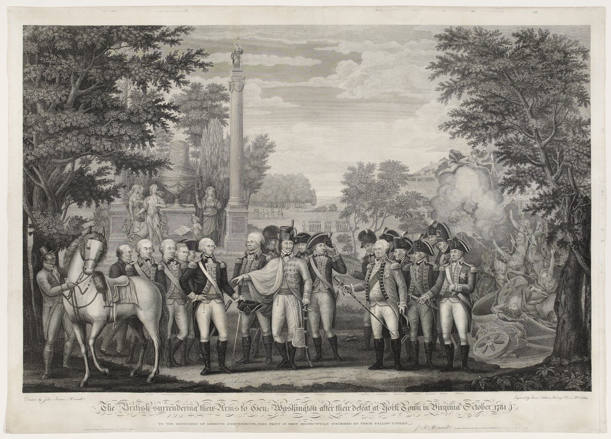De Britten geven hun wapens over aan generaal Washington na hun nederlaag bij York Town in Virginia oktober 1781 door John Francis (after) Renault