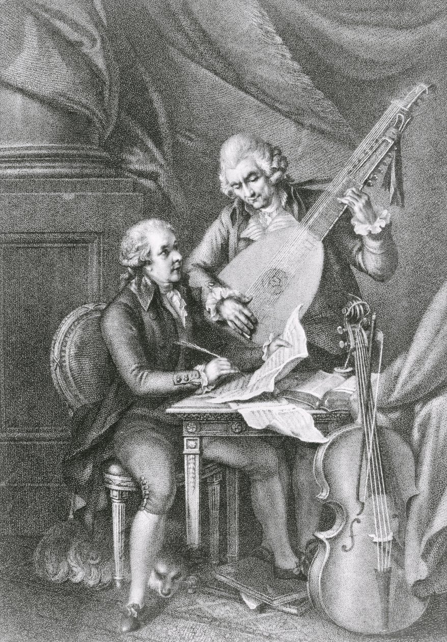 Portret van Franz Joseph Haydn en Wolfgang Amadeus Mozart die muziek componeren voor de luit, gegraveerd door Michele Benedetti door John Francis Rigaud