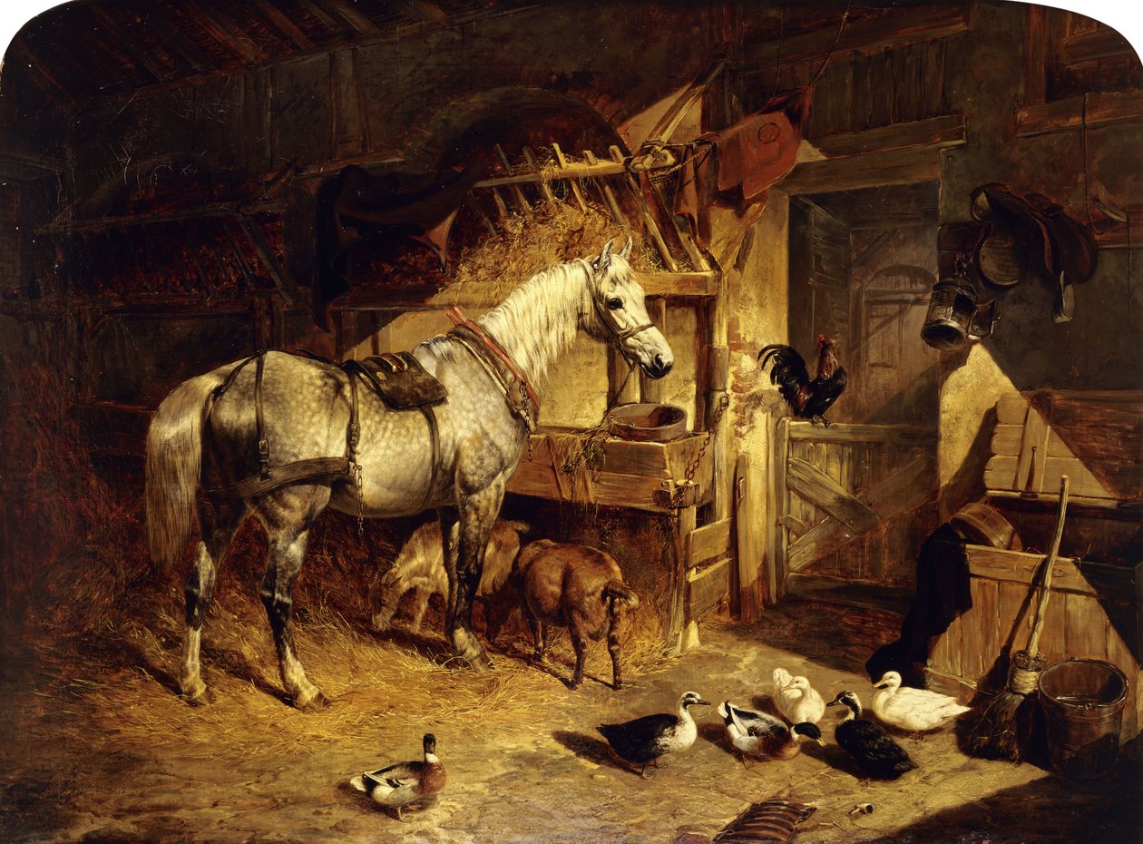Het interieur van een stal met een schimmel in harnas, met eenden, geiten en een haan bij een voederbak, 1843 door John Frederick Herring Senior