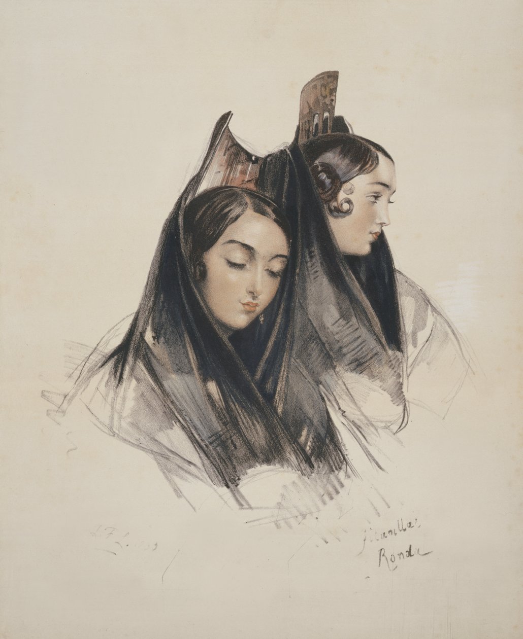 Meisjes van de Ronda, Andalusië, plaat 11 uit Schetsen van Spanje, gegraveerd door Charles Joseph Hullmandel (1789-1850) gepubliceerd 1836 door John Frederick Lewis