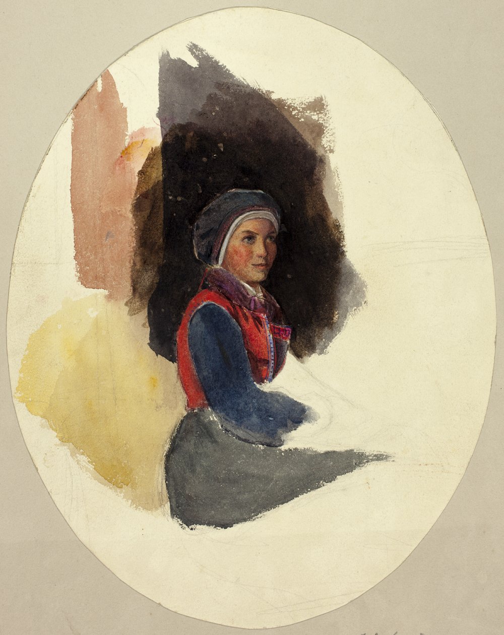 Schets van zittende vrouw in boerenkostuum door John Frederick Lewis