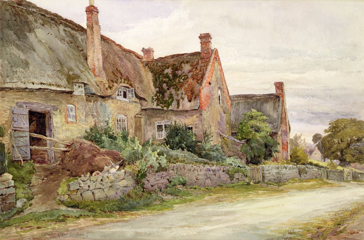 Huisje met rieten dak en aangrenzende schuur, 1881 door John Fulleylove