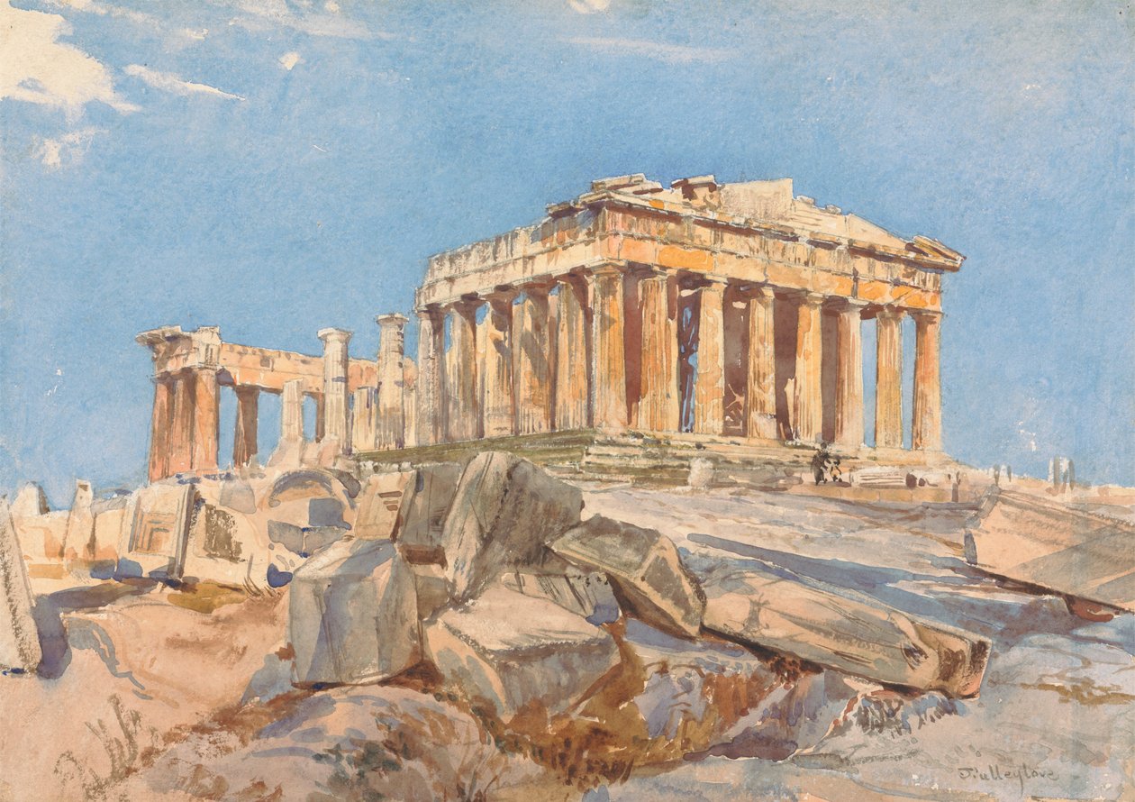 Het Parthenon vanaf het noordelijke uiteinde van de oostelijke portiek van de Propylaeën, avondlicht door John Fulleylove