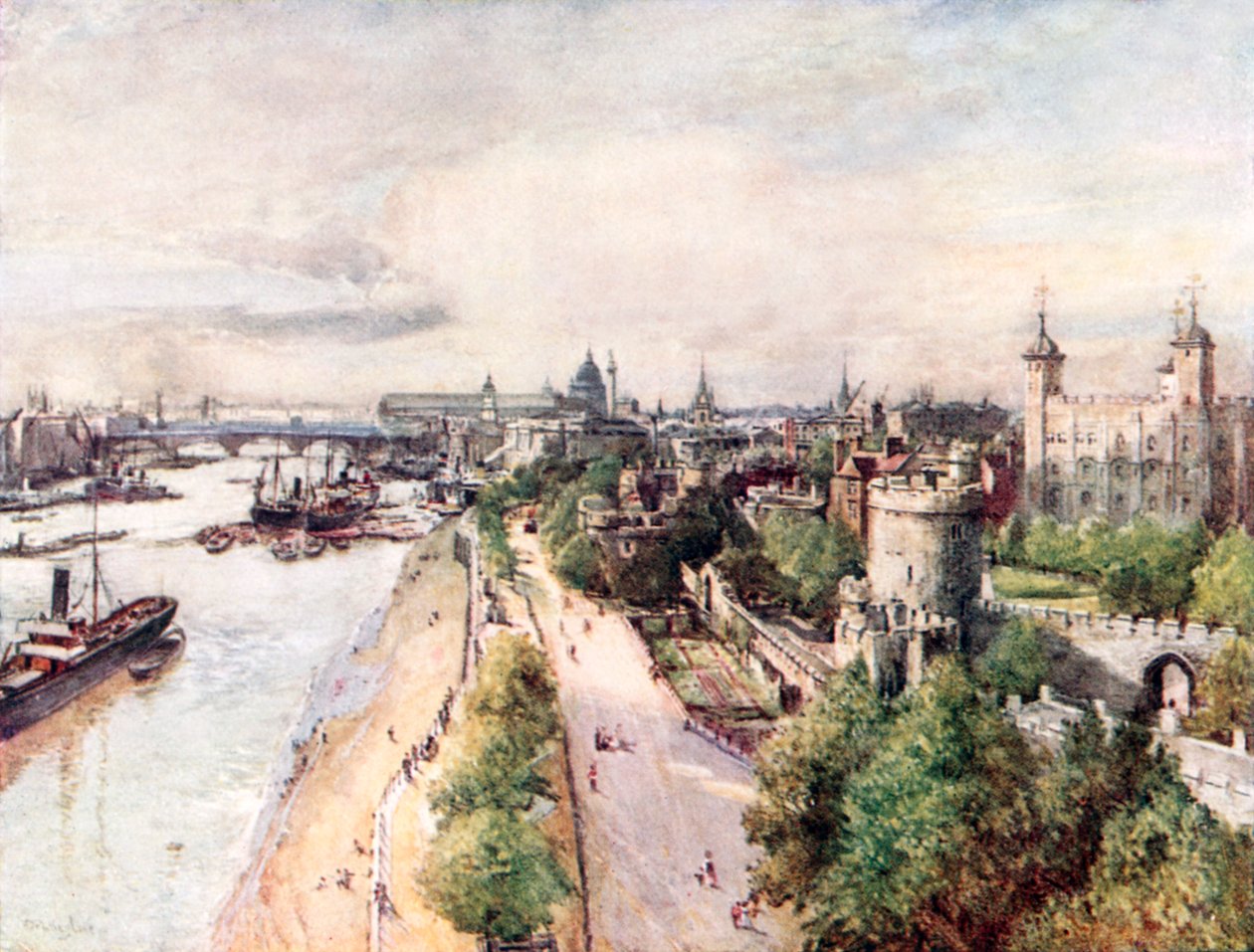 De toren en de rivier (kleurenlitho) door John Fulleylove