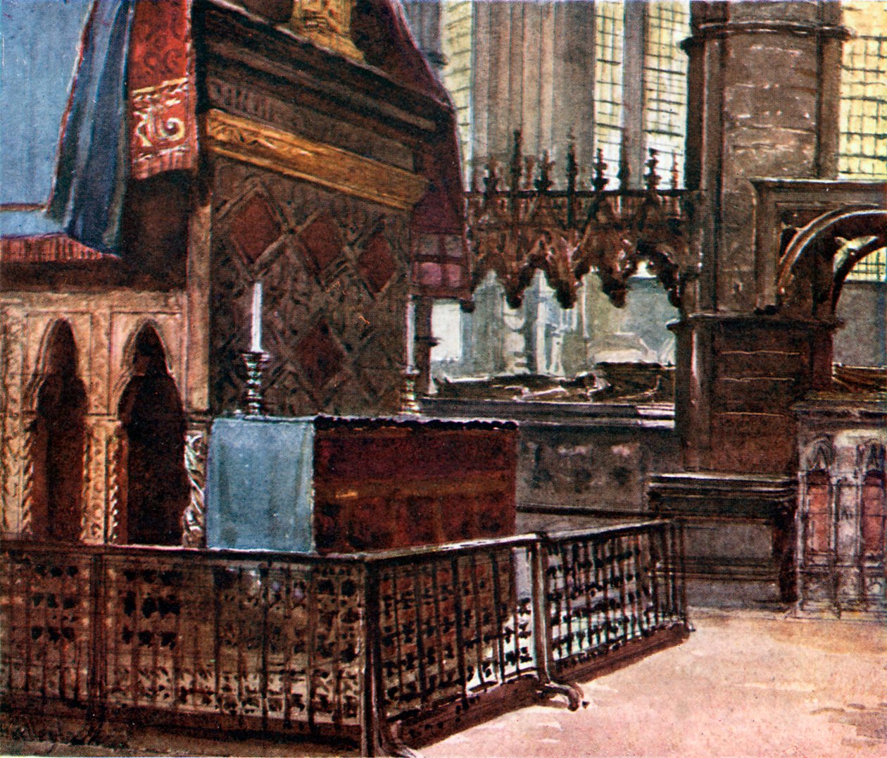 De westkant van het heiligdom van de Belijder, met het moderne altaar (kleurenlitho) door John Fulleylove