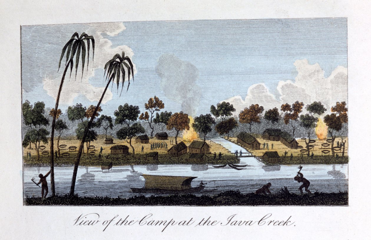 Uitzicht op het Kamp bij de Java Creek, 1813 door John Gabriel Stedman