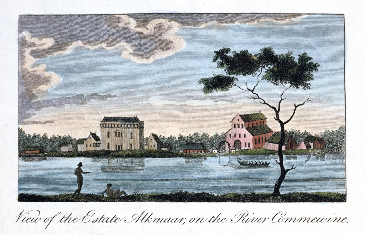 Uitzicht op het landgoed Alkmaar, aan de rivier Commewine, 1813 door John Gabriel Stedman