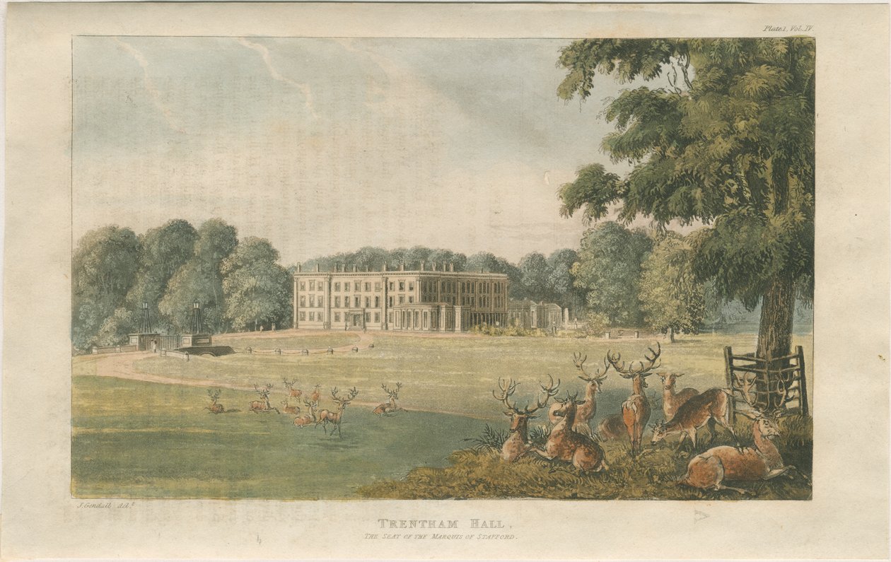 Trentham Hall: gekleurde lithografie, nd [ca. 1824] door John Gendall