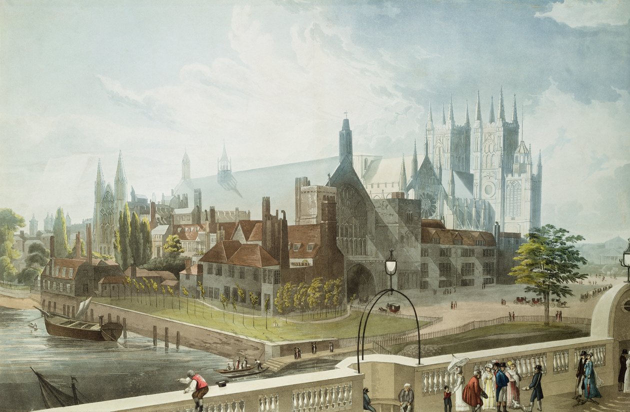 Westminster Hall en Abbey, gegraveerd door Daniel Havell (1785-1826) gepubliceerd door Rudolph Ackermann (1764-1834) 1819 door John Gendall