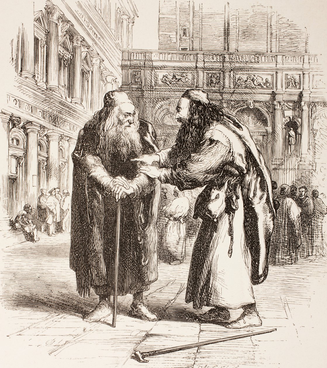 Illustratie voor De Koopman van Venetië, Shylock en Tubal ontmoeten elkaar op straat, Act III, Scene I, uit 