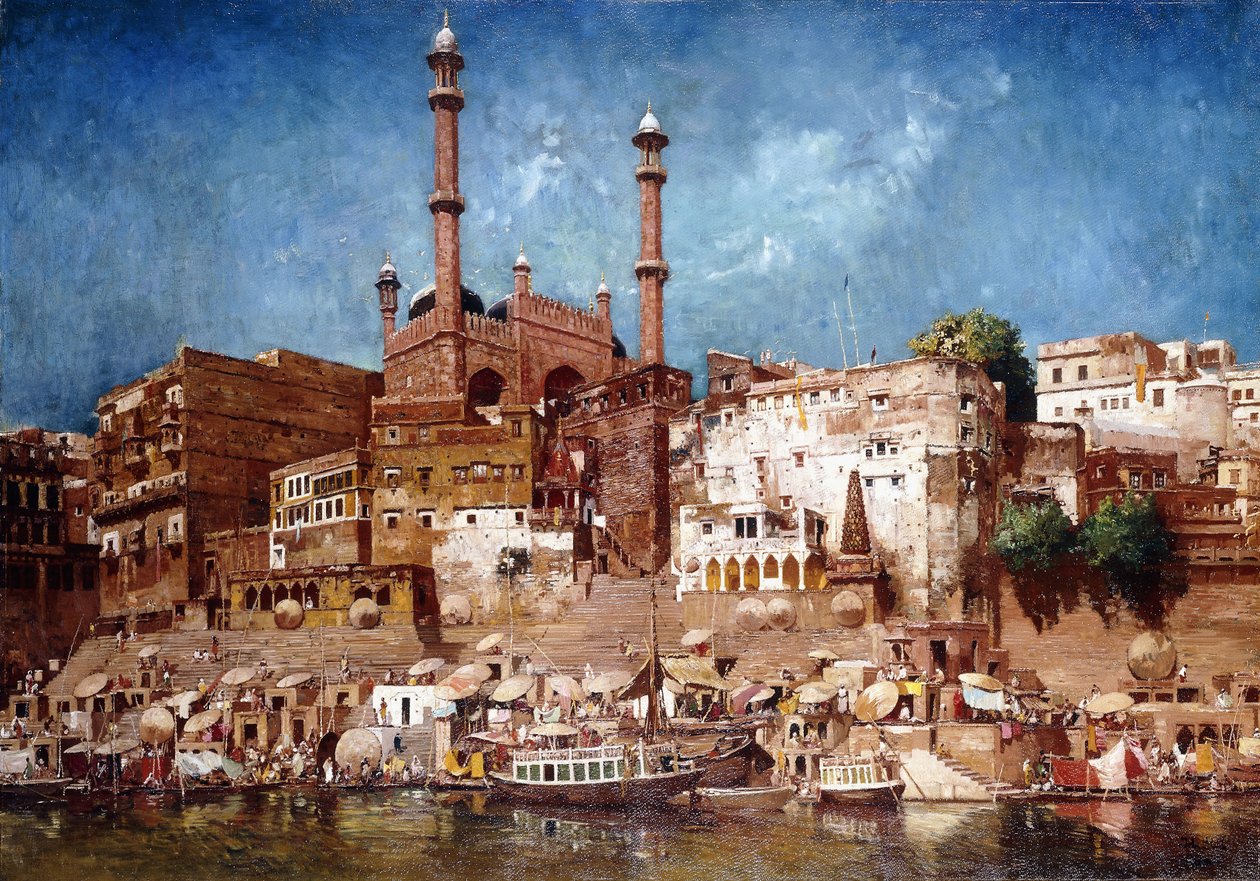 Een uitzicht op de ghats met de moskee van Aurangzeb, Benares door John Gleich