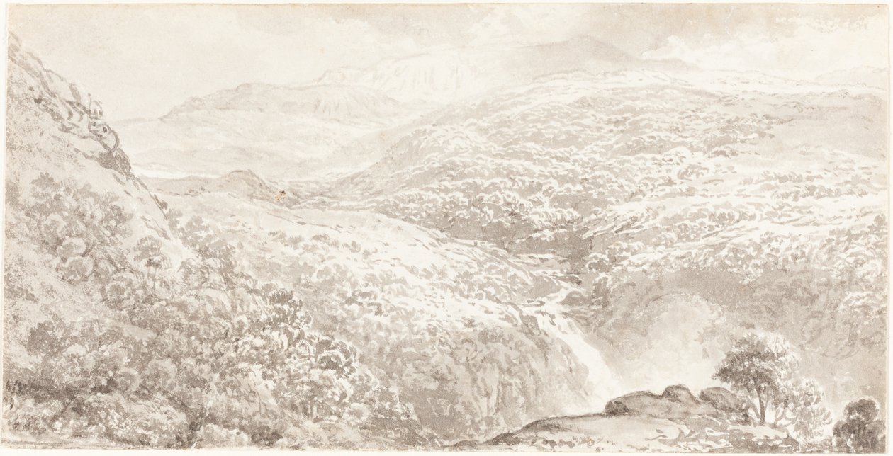 Een bergvallei met een waterval door John Glover