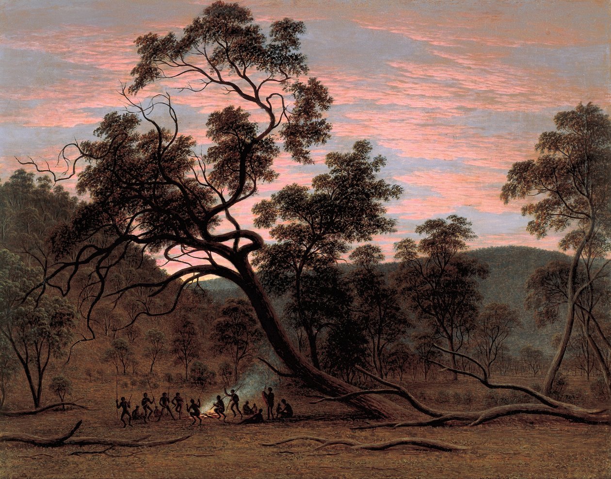 Een corroboree van inboorlingen in Mills Plains door John Glover