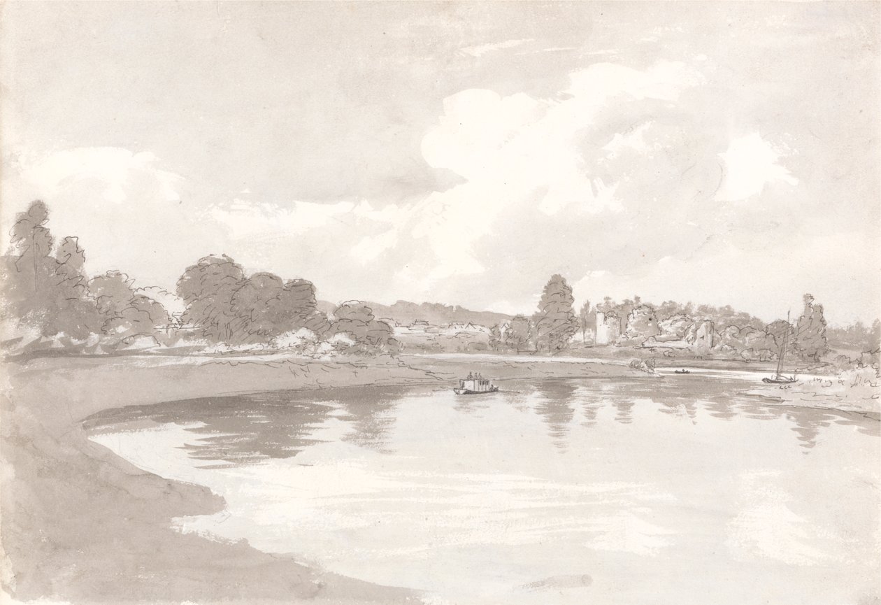 Op de rivier de Wye met de ruïnes van Wilton Castle op een bocht in de rivier door John Glover