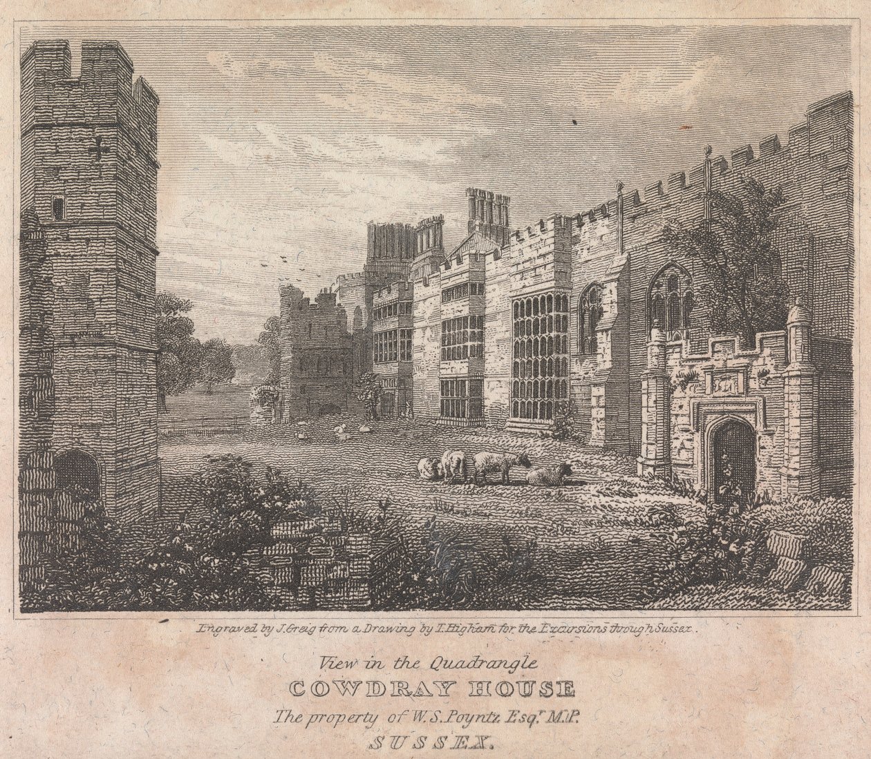 Uitzicht in de Binnenplaats van Cowdray House (voor de Excursies door Essex); pagina 74 (Volume Eén) door John Greig