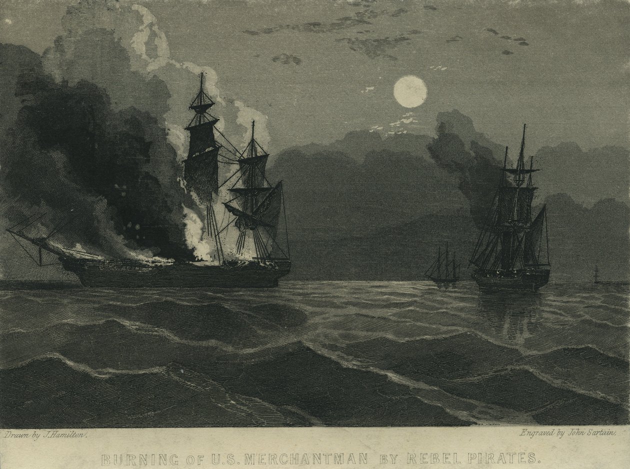 Verbranding van een Amerikaanse koopvaarder door rebellenpiraten, 1865 door John Hamilton