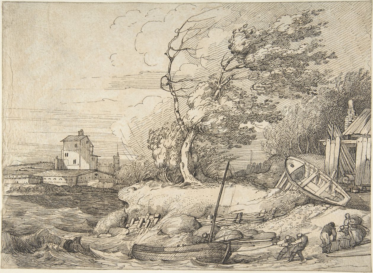 Een vissersboot op het strand trekken tijdens een storm door John Hamilton Mortimer