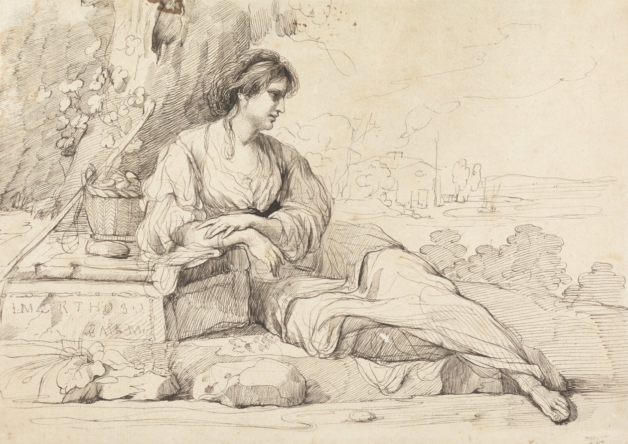 Liggende vrouwelijke figuur in een Italiaans landschap door John Hamilton Mortimer