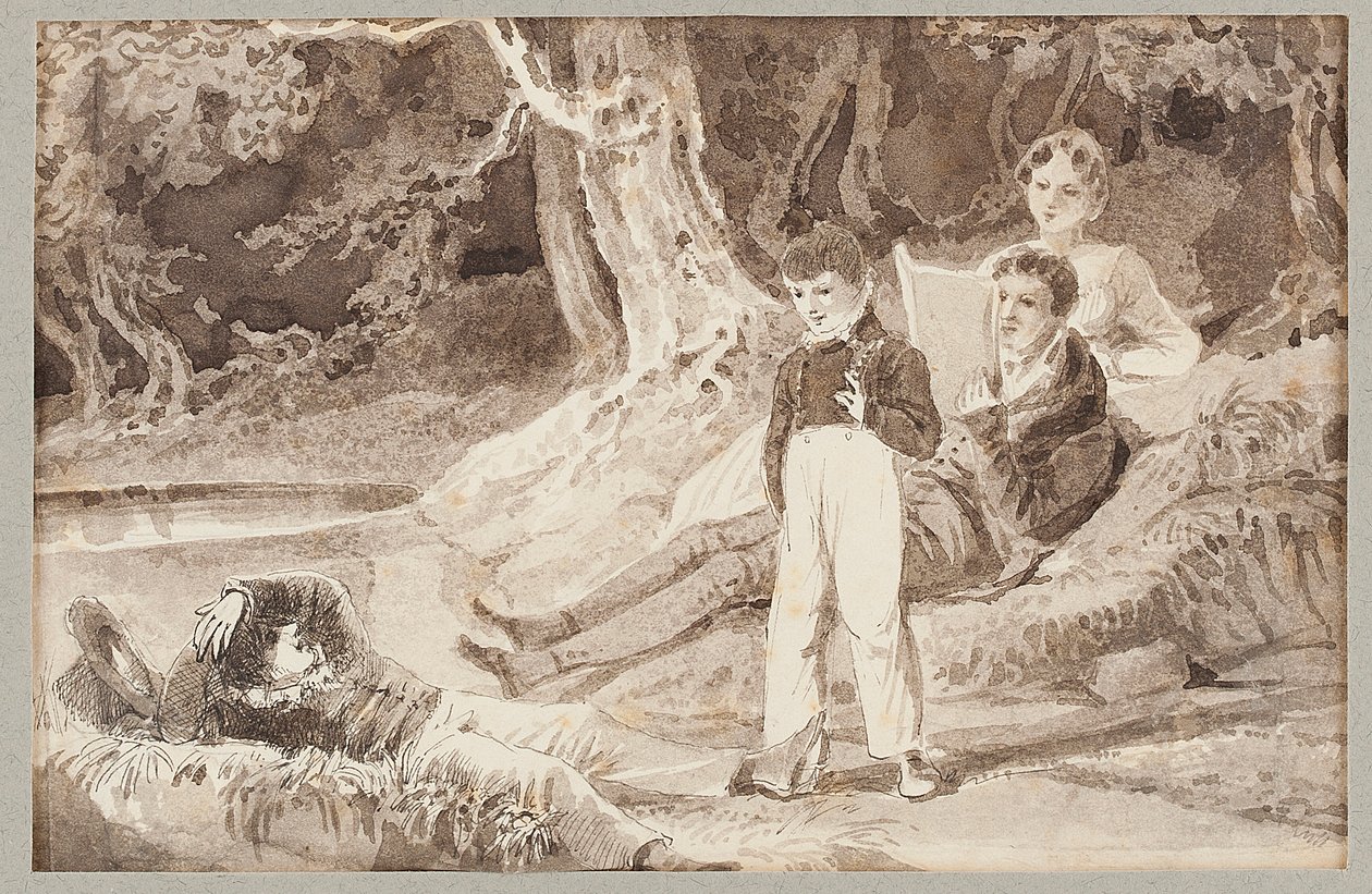Vier figuren tussen de bomen op een hete dag, 1807 door John Harden