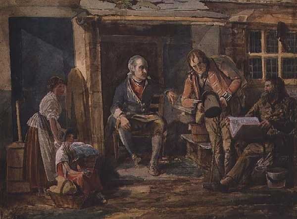 Groep inclusief een soldaat buiten een huisdeur door John Harden