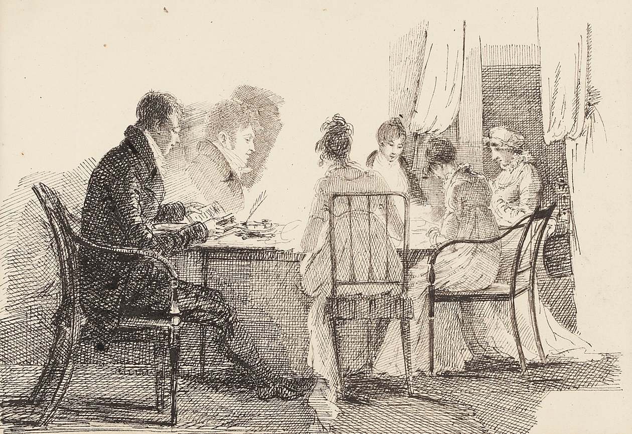 Interieur met zittende figuren, 1804-05 door John Harden