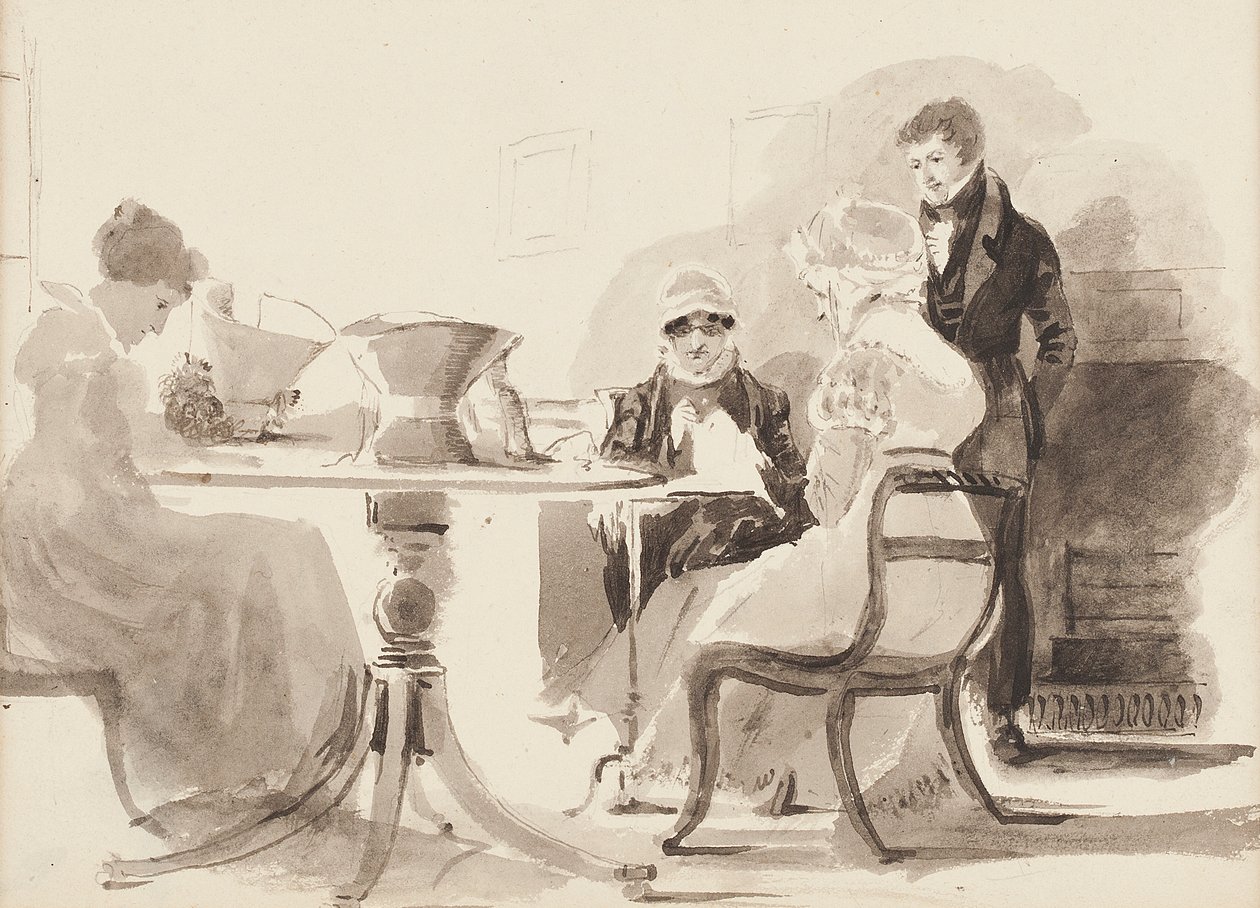 Man staand aan een tafel met drie zittende vrouwen door John Harden