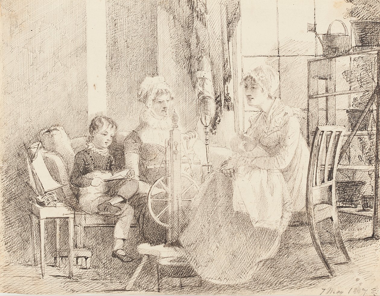 Vrouwen aan het spinnenwiel en een jongen met een speelgoedboot, 1807 door John Harden