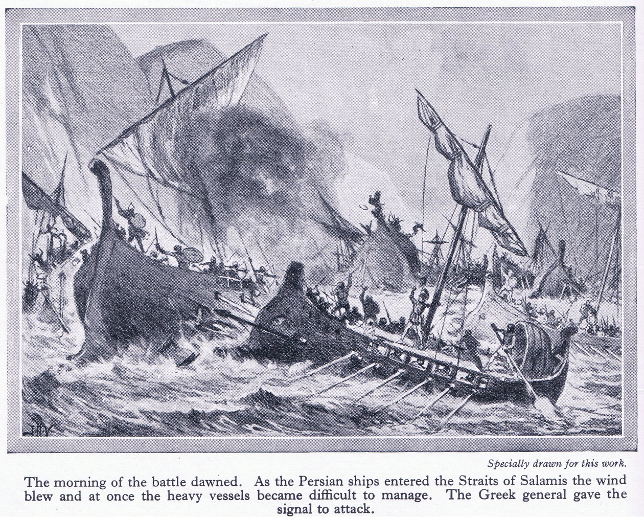 Slag bij Salamis: Toen de Perzische schepen de zeestraten van Salamis binnenvoeren, waaide de wind en werden ze moeilijk te beheersen, c.1950 door John Harris Valda