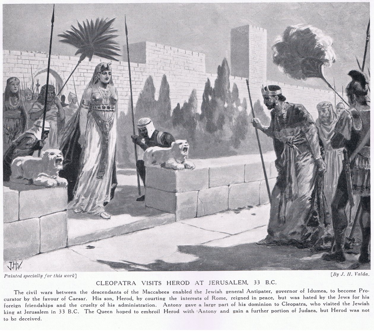 Cleopatra bezoekt Herodes in Jeruzalem 33 v.Chr. door John Harris Valda