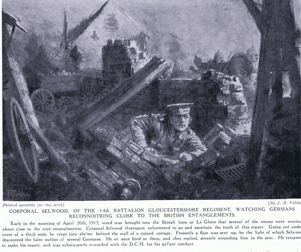 Korporaal Selwood won een DCM voor het observeren van Duitsers die dicht bij Britse versperringen verkennen in Le Gheer april 1915 door John Harris Valda