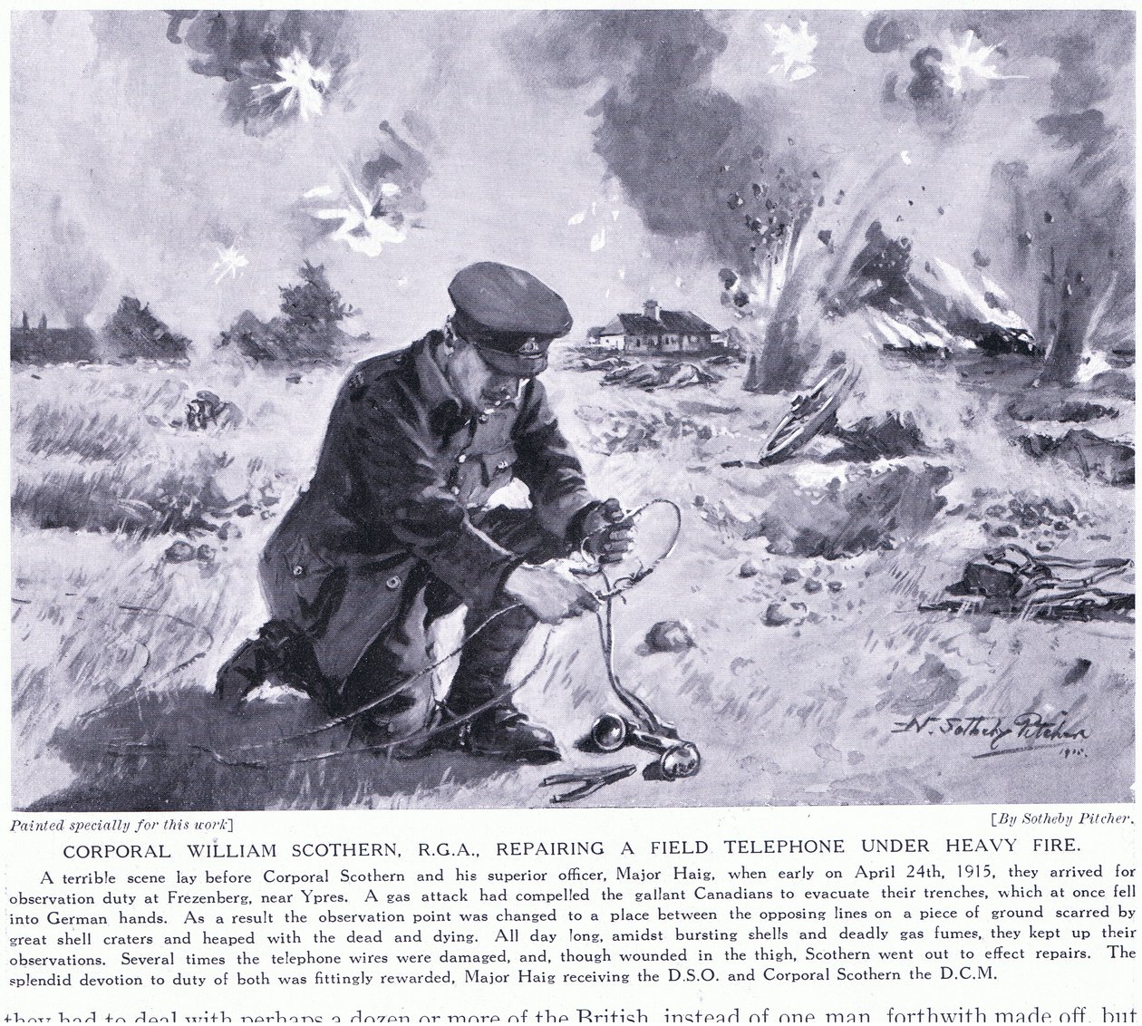 Korporaal William Scothern RGA repareert een veldtelefoon onder zwaar vuur, bekroond met DCM Ypres mei 1915 door John Harris Valda